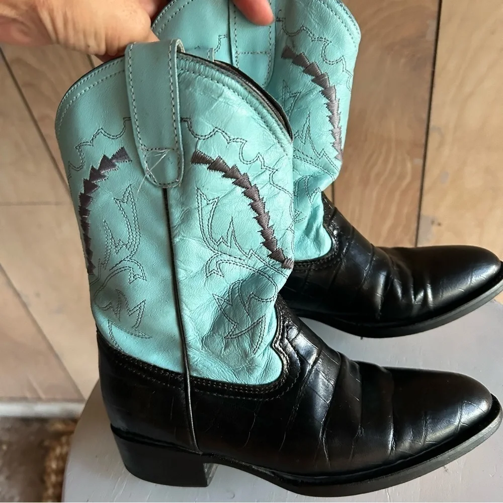Ferrini Girls black turquoise Cowhide Leather Western Cowgirl Boots Size 13